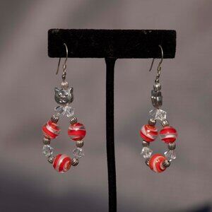 80s Christmas Cat Earrings | Candy Cane Beaded Jewelry | Womens Holiday Fashion